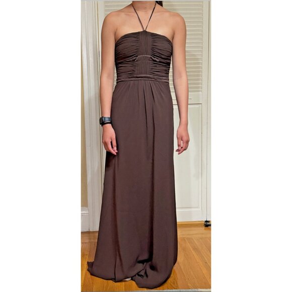 BCBG Paris Chocolate Brown Silk Chiffon Pleated Halter Maxi Dress Size 2 Elegant - Picture 6 of 12
